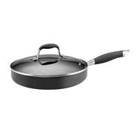 Bring juicy, grilled flavors into the comfort of the kitchen with the Anolon Advanced Hard-Anodized Nonstick 11-Inch Covered Deep Round Grill Pan. This round grill pan features heavy-duty, hard-anodized construction to provide even heat distribution for exceptional cooking performance. The grill pan boasts ridges on the bottom that create attractive grill marks on free-range chicken breasts and more, and the channel around the edge of the pan collects fats to keep them away from food. Restaurant-tested DuPont's Autograph 2 nonstick surface inside and out is ideal for easy cleanup, is PFOA-free and metal utensil safe, and stands up to the rigors of a professional kitchen. The grill pan's revolutionary rubberized stainless steel Anolon SureGrip handle provides a confident yet soft grasp when turning juicy, grass-fed burgers. The comfortable handle is also dual riveted for extra strength and oven safe to 400 F. Use the break-resistant domed glass lid to monitor cooking progress without losing heat or moisture. Along with the rest of the Anolon Advanced Cookware line, this grill pan works well with the other items in all the Anolon Advanced collections. Grill foods indoors for parties and everyday meals with the Anolon Advanced Hard-Anodized Nonstick 11-Inch Covered Deep Round Grill Pan and achieve professional-looking, delicious results. Anolon Advanced cookware offers a sophisticated professional look that will complement every kitchen.