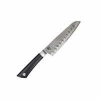 A santoku is an Asian-inspired knife that many cooks today have added to their kitchen favorites. A knife of many talents, a santoku easily handles all the basic kitchen cutting tasks. In fact, some people even prefer it to a chef s knife. Slightly shorter than the standard chef's knife, the Shun Sora Santoku is light, agile, and very easy to maneuver. There's just enough belly curve to enable rocking cuts, which just adds to the Sora Santoku's versatility. The blade is extra-special because of the hollow-ground indentations on the side of the blade. They create small air pockets that reduce friction when cutting, making it easier to glide through the cut. If you ve had problems with sticking, try a hollow-ground blade. The Shun Sora Hollow-Ground Santoku is part of the exciting Shun Sora line that provides exceptional handcrafted Shun quality at an amazing price. Sora uses Shun's proprietary Composite Blade technology to bring together a VG10 san mai cutting edge with a Japanese 420J stainless steel upper. This technology puts high-performance material exactly where it's needed on the edge. The two blade sections are laser cut, then fit together like pieces of a jigsaw puzzle. Braze welding permanently joins them. The attractive wavy pattern at the joint is based on traditional Japanese sword hamon lines. While Sora's blade shapes and handle design are traditional Japanese, the textured PP/TPE polymer blend handle material provides a contemporary look, secure grip and balance, and is easy to maintain.