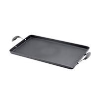 Prepare an entire gourmet meal at once on the Anolon Advanced Hard-Anodized Nonstick Double Burner Griddle. This large griddle features heavy-duty, hard-anodized construction to provide even heat distribution for exceptional cooking performance. Cook eggs on one side and huckleberry pancakes on the other, with the ample cooking space of this double griddle that extends across two stovetop burners. The restaurant-tested DuPont's Autograph 2 nonstick surface inside and out is PFOA-free and metal utensil safe, and delivers superior durability. Sizzle fajita veggies to toothsome doneness, knowing the griddle's durable nonstick will clean up easily, and move them confidently from stove to counter because the revolutionary rubberized stainless steel Anolon SureGrip handles provide a confident yet soft grasp. The comfortable handles are also dual riveted for extra strength and oven safe to 400 F, so home chefs can prepare foods and transfer the whole griddle into the oven to keep warm. Along with the rest of the Anolon Advanced Cookware line, this convenient griddle works well with the other items in all the Anolon Advanced collections. Double your space for griddling and sauteing with the Anolon Advanced Hard-Anodized Nonstick Double Burner Griddle that provides plenty of room to cook a variety of delicious foods at once. Anolon Advanced cookware offers a sophisticated professional look that will complement every kitchen.