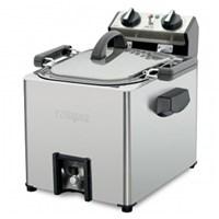 Frying turkey just got a lot easier with the Waring Pro rotisserie turkey fryer. It can fry a juicy and delicious turkey in just over an hour. holds up to an 18-pound turkey cooks at approximately 3½ minutes per pound immersion-style heating element for fast heat-up and heat recovery time 2½-gallon stainless steel reservoir rotisserie function uses? less oil than traditional deep fryers aluminum frying/rotisserie basket holds up to 6 pounds of food 120-minute timer stainless steel vented lid power and ready indicator lights can also be used as a steamer for clambakes 1800 watts. Stainless steel/aluminum. Measures 17x20.5x17.4"H. Wipe clean. Imported.