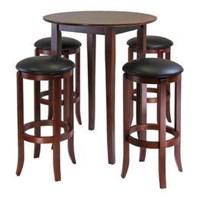 Refined details and casual elegance best describe this pub-style table with slightly flared legs With a deep, rich walnut finish, the round table is an ideal size for a cozy dinner, working on your laptop or playing a game of cards The 5-piece set comes with four, round swivel barstools The barstools have a heavy-duty ball bearing swivel and a black faux-leather PVC upholstered cushion This versatile set will look stunning in your kitchen, breakfast area or family room. Antique Walnut Solid wood / PVC SeatOverall Dimensions: 16.97"(W) x 16.97"(D) x 30.24"(H)Overall Weight: 35 lbs.
