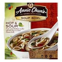 All natural Asian cuisine. Fresh cooked Hokkien noodles with bok choy in a classic Chinese broth. Microwavable. Ready in 2 minutes. 100% all natural ingredients. No preservatives. No msg added. Low fat. Dairy free. Fish/shellfish free. Warm Your Soul: This spicy and tangy classic Chinese soup is widely known as the soup of choice in many of your favorite Chinese restaurants. We've taken this delightful broth and combined it with premium, fresh cooked Hokkien noodles topped off with Asian bok choy and shiitake mushrooms. The result: a satisfying and delicious noodle soup bowl to warm your soul and fight your colds (or so the Chinese believe). With just the right balance of hot and sour flavors, you'll enjoy every savory spoonful. If you're enjoying yourself, it is polite to slurp your noodles! Our Mission: We're dedicated to simplifying Asian cooking with the highest quality, all-natural foods that allow you to recreate your restaurant favorites right at home. Doing our part to protect the Earth: We believe in the importance of doing business in a sustainable way and being kind to the earth. Our bowls are made partially from corn starch, a renewable resource, in an effort to source sustainably. We also use 100% recycled cardboard for the outer sleeve. We continue to search for better ways to make sure that we are proactively doing our part to protect the Earth. We constantly seek the best ingredients which is why we've partnered with CJ, a world-class food company with expertise in Asian food. With CJ, we bring you authentic flavors and the finest ingredients so that you know you are giving your family the best. Carton made from 100% recycled paperboard. Minimum 55% post-consumer content. For recipes, information, or to enter our monthly gift basket giveaway, go to: www. anniechun.com. Product of USA.