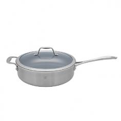 Stainless steel construction; aluminum core. Eco-friendly nonstick cooking surface. Oven- and broiler-safe to 500°F. Dishwasher safe. Available in your choice of sizes. Make your dinner preparation easier and environmentally-friendly with the Zwilling Spirit Thermolon Saute Pan with Lid. This saute pan features a tri-ply construction with an aluminum core to ensure even heat distribution; and a nonstick cooking surface created using eco-friendly processes to give you peace of mind. It comes with a tempered glass lid to help retain heat. About Zwilling JA Henckels: JA Henckels has been producing the best in German steel knife design since 1895. Their products are designed for everyday use, giving you the maximum value for your money. This modern company uses innovative technology to create the highest-quality products. They're so sure you'll be satisfied with their products that they back each one with a lifetime warranty. With several lines of quality cutlery and other products, you're sure to find the perfect housewarming or wedding gift, or addition to your own kitchen. About Spirit CookwareThe exceptional line of Spirit Cookware features a high-tech, eco-friendly design that maximizes efficiency and performance. Unlike traditional non-stick cookware that uses chemicals, Spirit Cookware is coated in natural, scratch-resistant ceramic that won't stick or chip and has a notably high level of heat-resistance. Each piece in the Spirit Cookware line is expertly crafted with a magnetic, stainless steel exterior and durable aluminum core that retains heat evenly from rim to rim. Stay-cool stainless steel handles are ergonomic and riveted for durability.