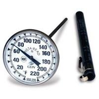 For checking cooking temperatures of food like sauces and stocks at a glance this ProAccurate thermometer is ideal. Designed with a large dial and bold numbers it helps ensure food is cooking properly and measures from 0 to 220 degrees Fahrenheit. It features a 5-inch stem shatterproof lens and a 1-inch magnified dial. Its also offers recalibration to two degrees. A temperature guide is also featured on the protective sheath. 5" stem shatterproof recalibratable 0 to 220 F 1 3/4 dial