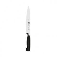Carving Knives & Forks - Introduced in 1976, the Four Star & #174 line is today's most popular upscale knife series. Celebrated professional chefs helped design the Four Star knives that blend a classic design and precision forging with a comfortably safe grip. This German-made cutlery features high-carbon no-stain steel blades, ice-hardened for superior strength and sharpness. The 8" Carving Knife slices through cooked meats of every kind with superior sharpness and smooth control. This is the ideal knife for carving roasts and fowl and cutting large fruits and vegetables. Product Features One-piece precision forging ensures higher blade stability and lasting sharpness Friodur & #174 ice-hardened knife blade offer greater resistance to corrosion and pitting Hand-honed high carbon stain-steel knife blades protect against rust and stains Laser-controlled knife edges stay sharp longer with a more consistent blade angle Ergonomically designed knife handle offers a smooth, comfortable grip Seamless polypropylene - Specifications Model: 31070-203 Material: ice-hardened high carbon stainless-steel blade with polypropylene handle 8" Carving Knife Size: 8"L blade (12 1/2"L w/handle) x 1"W blade Weight: 3.9 oz. Care Instructions Henckels knives are dishwasher-safe but hand-washing is recommended. In the dishwasher, your Henckels knife may bang against other cutlery or pots and pans and knick the blade. Wipe the knife clean with a wet cloth and dishwashing detergent. Dry immediately. Dry from the back of the knife to the blade tip. No metal is completely stain-free. To prevent slight tarnishing, be sure to remove acidic foods (lemon, mustard, ketchup, etc.) from the blade after use. If blade should show some signs of staining, clean with a non-abrasive metal polish. To prevent irreparable blade damage, it is best to store your knife in a knife block or in-drawer knife tray.