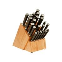 The Classic 21-Piece Deluxe Block Set from Shun contains everything you need in quality kitchen cutlery. ; 21-piece set includes: 6 x Steak Knives - glide through your steak with no serrations that can tear the meat. 1 x 2.5 Bird's Beak paring knife - the classic tool for making decorative cuts, delicate peeling and detail work. 1 x 3.5 Paring Knife - ideal for paring fruits and vegetables. 1 x 3.5 Vegetable Knife - for mincing small herbs and vegetables on a carving board, or other small precision tasks. 1 x 6 Serrated Utility Knife - great for onions, cheese or tomatoes. 1 x 6 Chef's Knife - great for a majority of cutting, slicing and dicing tasks. 1 x 8 Chef's Knife - perfect for slicing, dicing, and chopping small to medium-sized fruits, vegetables, and other foods. 1 x 7 Hollow-Ground Santoku Knife - designed for cutting vegetables, thin-boned meats, and fish; the hollow-ground edge keeps food from sticking to the blade as it slices. 1 x 9 Hollow-Ground Slicing Knife - nothing beats this essential knife when you want paper-thin slices. 1 x 7 Vegetable Cleaver - classic cleaver design makes short work of tough vegetables and chunks of meat. 1 x 6 Boning/Fillet Knife - expertly prep meat prior to cooking. 1 x 8 Offset Bread Knife - excellent for slicing bread or sandwiches. 1 x Carving Fork - holds food in place while slicing or carving. 1 x Kitchen Shears - a trusty essential for snipping herbs, or cutting twine or flower stems. 1 x Honing Steel - keeps everything sharp. 1 x 22-Slot Bamboo Knife Block. ; Exotic Japanese steel allows the knives to hold their razor sharp edges longer without excessive re-sharpening. ; High density VG-10 super steel cutting core is clad with 32 layers of SUS410/SUS431 high-carbon steel, creating a beautiful Damascus clad knife. ; Comfortable D shape Pakkawood composite handles provide a sanitary, sure grip. ; Hand wash with gentle dish soap that contains no bleach or citrus extracts, towel dry. ; Handcrafted in Seki City, Japan.