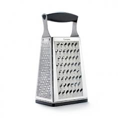 Cuisiproâ s new Surface Glide Technologyâ ¢ creates the ultimate grating experience. Razor-sharp etched graters are built with special grooved surfaces that create the perfect balance between ease of grating and maximum efficiency. Now cooks can grate more with less effort, and make quick work of even the hardest cheeses. Graterâ s non-slip comfort-grip handle and base provide better stability, and unit comes with calibrated, dry measuring unit marks on boxâ s sides. A removable ginger grater in the base shreds fresh ginger root while leaving unwanted fibers behind. Use the Fine side for citrus zest, Parmesan, garlic, nutmeg, and cinnamon. Coarse is great for most cheeses and vegetables. Ultra is designed for soft cheeses like cheddar and mozzarella. The Slicer side is perfect for slicing cucumbers, potatoes, and a variety of vegetables. BPA-free. 25-year warranty. 9¼" H x 4½" L x 3½" W. Hand wash.