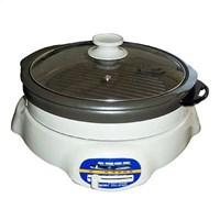 Easy operation. Adjustable temperature regulator. 4.5 L capacity. Automatically controls the temperature level. Removable inner pot with easy clean non-stick surface. See through tempered glass lid. View the cooking process. Quick and energy efficient. Fast heating. ETL. Input voltage: 120V / 60Hz. Power consumption: 1200W. Pot: 11 in. Dia. x 3.5 in. D. Grille pan: 11 in. Dia. x 1.5 in. D. 14.4 in. W x 14 in. D x 7.7 in. H (10 lbs.)Features two inter-changeable inner pots, a 3.5 inch deep pot and grill pan. Offers versatile cooking for breakfast, lunch and dinner. Use the grill pan for sausages, egg, pancake, grilled seafood, poultry, steak and etc. Use the pot for delicious Shabu-Shabu or any soup-based dishes. Inner pots are removable for easy cleaning. Features easy to use sliding temperature control. Whether you want to cook a traditional Asian style stew or an all-American hot dog, this Shabu Shabu and BBQ pan does the job nicely. Quick to heat and energy efficient, it's a great alternative for singles and seniors. Removable interior cooking vessel features a non-stick surface that makes cleaning up a cinch. This ingenious pot also includes a grill pan and adjustable temperature control for ultimate versatility.