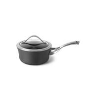 Nonstick sauce pan with lid. Heavy-duty, hard-anodized aluminum. Cast stainless steel loop handles. Dishwasher safe for easy cleanup. Oven safe to 450 degrees Fahrenheit. Available in 1.5- or 2.5-quart. The high sides and rounded bottom on the Calphalon Contemporary Nonstick Sauce Pan with Lid make for some refreshingly easy stirring. And that's not all - the PFOA-free, triple-layer nonstick is so tough it's even dishwasher safe. Plus, the pan is made of heavy-duty, hard-anodized aluminum for even heating, and the handles are made of durable cast stainless steel. Oven safe to 450 degrees Fahrenheit, it's available in 1.5- or 2.5-quart options. With manufacturer's lifetime warranty. About CalphalonCalphalon's mission is to be the culinary authority in kitchenwares, enhancing the home chef's food experience during planning, prep, cooking, baking, and serving. Based in Toledo, Ohio, Calphalon is a leading manufacturer of professional quality cookware, cutlery, bakeware, and kitchen accessories for the home chef. Calphalon is a Newell-Rubbermaid company. Calphalon's goal is to give you, the home chef, all the tools you need to realize your highest potential in the kitchen. From your holiday roasting pan to your everyday fry pan, count on Calphalon to be your culinary partner - day in and day out, for breakfast, lunch, and dinner for a lifetime. Size: 1.5 qt.