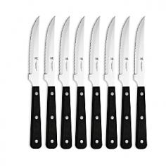 Made of high carbon stainless steel. Triple-riveted handle for comfort and safety. Features micro-serrated edges that never require sharpening. Set includes 8 knifes. Dimensions: 11.5L x 9.5W x 3.25H in. Enjoy your dining experience even more with the Zwilling Henkel Eversharp 8 Piece Full Tang 3 Rivet Steak Set. Each blade in this set feature high carbon stainless steel blades with a full tang and three rivets. Micro-serrated blades cut through thick steaks with ease and never need sharpening. About Zwilling JA Henckels: JA Henckels has been producing the best in German steel knife design since 1895. Their products are designed for everyday use, giving you the maximum value for your money. This modern company uses innovative technology to create the highest-quality products. They're so sure you'll be satisfied with their products that they back each one with a lifetime warranty. With several lines of quality cutlery and other products, you're sure to find the perfect housewarming or wedding gift, or addition to your own kitchen.