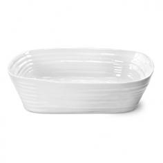 Constructed from high-quality porcelain. Modern, organic rim styling and ridges. Rectangular lasagna roaster. Microwave- and dishwasher-safe. Dimensions: 11.5L x 9.5W x 3H inches. You'll love the convenience of cooking, serving, and storing leftovers in the Sophie Conran White Lasagna / Roaster. Crafted of durable porcelain, this versatile pan is sure to become a favorite. It's designed to go from oven to table, plus it's dishwasher-safe. You can also use it in the freezer or microwave. About PortmeirionStrikingly beautiful, eminently practical, refreshingly affordable. These are the enduring values bequeathed to Portmeirion by its legendary co-founder and designer, Susan Williams-Ellis. Her father, architect Sir Clough Williams-Ellis, was the designer of Portmeirion, the North Wales village whose fanciful architecture has drawn tourists and artists from around the world (including the creators of the classic 1960s TV show The Prisoner). Inspired by her fine arts training and creation of ceramic gifts for the village's gift shop, Susan Williams-Ellis (along with her husband Euan Cooper-Willis) founded Portmeirion Pottery in 1960. After 50+ years of innovation, the Portmeirion Group is not only an icon of British design, but also a testament to the extraordinarily creative life of Susan Williams-Ellis. The style of Portmeirion dinnerware and serveware is marked by a passion for both pottery manufacturing and trend-setting design. Beautiful, tactile, nature-inspired patterns are a defining quality of Portmeirion housewares, from its world-renowned botanical designs modeled on antiquarian books to the breezy, natural colors of its porcelain and earthenware. Today, the Portmeirion Group's design legacy continues to evolve, through iconic brands such as Spode, the Pomona Classics collection, and the award-winning collaboration of Sophie Conran for Portmeirion. Sophie Conran for Portmeirion: Successful collaborations have provided design inspiration throughout Sophie Conran's life. Her father, designer Sir Terence Conran, and mother, food writer Caroline Conran, have been the pillars of her eclectic mix of cooking, writing, and interior design. In pairing with the iconic British housewares brand Portmeirion, Conran has created another successful collaboration: Sophie Conran for Portmeirion, an award-winning collection of dinnerware, serveware, and drinkware for the practical, multi-functional needs of contemporary kitchens. Launched in 2006, Sophie Conran for Portmeirion immediately received the Elle Deco Style Award for Best in Kitchens, and two years later, the House Beautiful Award for Best in Tableware. The soulful, tactile beauty of these oven-to-tableware pieces is exemplified by rippled surfaces and edges that evoke a potter's hand. This down-to-earth style is complemented by charming pastels, gentle earth tones, and classic whites and pinks, for a collection that will lighten and enliven contemporary kitchen decors. Though delicate to the eye and touch, these plates and bowls are built for durable performance, with microwave- and dishwasher-safe porcelain that's casual enough for breakfast and elegant enough for eye-catching dinners.