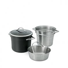 8-quart nonstick multi pot with steamer. Heavy-gauge, hard-anodized aluminum. Cast stainless steel loop handles. Dishwasher safe for easy cleanup. Oven safe to 450 degrees Fahrenheit. Manufacturer's full lifetime warranty. No matter what's on the menu for tonight, the Calphlon Contemporary Nonstick 8 qt. Multi Pot with Steamer makes cooking much, much easier. Perfect for boiling pasta, steaming veggies, and much more, this multi pot comes complete with a pasta insert, steamer insert, and lid. Handles and inserts are crafted of cast stainless steel, while the pot has a hard-anodized, heavy-gauge aluminum body. Plus, its PFOA-free, triple-layer nonstick is so tough you can place the pot (and all its pieces) right in the dishwasher. Oven safe up to 450 degrees. Includes manufacturer's lifetime warranty. About CalphalonCalphalon's mission is to be the culinary authority in kitchenwares, enhancing the home chef's food experience during planning, prep, cooking, baking, and serving. Based in Toledo, Ohio, Calphalon is a leading manufacturer of professional quality cookware, cutlery, bakeware, and kitchen accessories for the home chef. Calphalon is a Newell-Rubbermaid company. Calphalon's goal is to give you, the home chef, all the tools you need to realize your highest potential in the kitchen. From your holiday roasting pan to your everyday fry pan, count on Calphalon to be your culinary partner - day in and day out, for breakfast, lunch, and dinner for a lifetime.