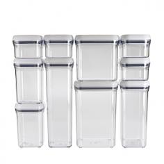 Keep foods fresh and cabinets organized with this modular, stackable 10-piece container set. Press the center button on the lid and the silicone gasket creates an airtight seal. The wide opening allows easy filling of dry ingredients and the rounded corners ensure precise pouring. Press the center button on the lid and the silicone gasket creates an airtight seal. Lid stays recessed for a custom-fit seal. Press to release and remove the lid. The ideal variety of sizes to preserve pasta, dried beans, sugar, flour, coffee or specialty ingredients. Clear plastic keeps contents visible for easy selection. BPA-free for healthy food storage. Freezer- and top-rack dishwasher-safe. OXO Good Grips is internationally acclaimed for designing innovative kitchen tools with comfort and functionality for the gourmet and home chef. Product Features Airtight stackable containers with lids preserve food and organize cupboards Modular design saves cabinet or pantry space Pressing the button on the lid locks the silicone gasket for airtight preservation of pasta, dried beans, recipe staples or snacks This 10-piece set accommodates tall lasagna noodles to smaller portions of specialty ingredients Clear plastic to easily view and select ingredients BPA-free for healthy preservation of food OXO adds comfort and functionality to kitchen tools Set includes: One 4-qt. Container with lid, ideal for a 5 lb bag of flour or sugar One 2 1/2 qt. Container with lid, ideal for rice, pasta, bradsticks One 2.4-qt. Container with lid, ideal for cookies, crackers One 2.1-qt. Container with lid ideal for spaghetti, linguini, lasagna Two 0.9-qt. Containers with lids, ideal for brown sugar, nuts Two 1/2-qt. Containers with lids, ideal for tea bags, candy, sugar cubes Two 0.3-qt. Containers with lids, ideal for spices, dried chilies, boullion.