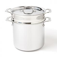 All-Clad's pasta pentola, a 7 quart stock pot designed with a colander insert, enables easy lifting and draining of cooked pasta. This essential pan may also be used for steaming and blanching a variety of foods, including vegetables and shellfish. Additionally, making stocks becomes effortless by adding meat, seasoning and other ingredients to the insert which is then simply removed when finished, eliminating the need for straining. Lifetime warranty from All-Clad with normal use and proper care. Made in the USA!
