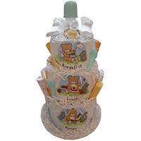 They eat 3 times a day, might as well enjoy it! 32-40 newborn/infant disposable diapers Infant orthodontic printed pacifier Plush 4" long bunny rabbit 9 oz. feeding bottle w/printed design 2- Burt's Bees Baby Bee trial sized products 3- 100% cotton infant receiving blankets 3 coordinating printed feeding bibs Cloth animal finger puppet Pair soft infant booties Brush & comb set w/printed design Fork and spoon set 1 bundle of cotton swabs tied in ribbon "Baby Dots" magnetic star photo frame 4- 100% cotton washcloths