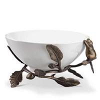 Serving Bowl is the perfect dish for serving a tropical fruit medley at breakfast a curried chicken salad at lunch and any side dish at dinner. Featuring a gleaming white stoneware background the bowl displays a delicate gold lace effect with splashes of wildflowers bluebirds and dragonflies in sunny spring colors. This graceful bowl displays a subtle sophistication that coordinates beautifully with table and kitchen decor. Durable ivory stoneware forms an elegant backdrop for delicate leaves and tendrils and an ochre border on the rim of the serving bowl adds a refined touch. Microwave as well as freezer safe this serving bowl is able to go into a warming oven to 250°F for up to 30 minutes - perfect for keeping vegetable medleys or croissants warm until mealtime. For the final touch of convenience combined with style the bowl is dishwasher safe. This versatile serving bowl coordinates perfectly with all BonJour Orchard Harvest and serve ware pieces. Material - Aluminum And Ceramic Dimension - 12 D x 12.5 W x 7 H in.