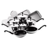 Farberware Classic cookware combines today's technology with the iconic style and quality that Farberware has delivered for 100 years. Heavy-gauge stainless steel is polished to a mirror finish. There's a thick aluminum core base fully surrounded by stainless steel on the saucepans, saucepot and stockpot, which promotes rapid, even heating. The stainless steel lids with their eye-catching knobs have a dome shape and the rims, which are rolled for drip-free pouring, fit snugly inside the pan, reducing drips. Phenolic handles with their iconic styling are heat resistant on the stove top and oven safe to 350°F. Farberware Classic provides maximum durability and performance, with a familiar profile that families have treasured for decades. This cookware is dishwasher safe for convenience, except for the aluminum nonstick skillets which should be washed by hand. With this wonderful large set, you can cook and bake for a crowd. Perfect for large family meals like spaghetti with meatballs, a big pot of chicken noodle soup, or Beef Stroganoff, these pots and pans also come in handy for making solo meals. Whether you're making eggs and bacon for breakfast or a grilled cheese sandwich for lunch, you'll always have the right pans nearby. With the included cookie sheet and cake pan, you even have what you need to finish off the meal with a sweet treat. This set includes essential pieces needed for both everyday meals and holiday feasts.