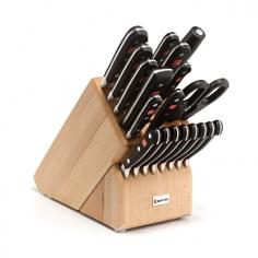 Cutlery Sets - This comprehensive 20-piece block set of Wusthof Classic knives includes every essential cutlery tool. The Wusthof Classic line of German knives features precision-forged blades of high-carbon stainless-steel that sharpen easily and hold an edge. This knife set includes the tools for every kitchen task, with paring and utility knives, hollow-edge santoku, chef's knife, and more, these Wusthof knives are the essential tools for quick efficient prep. Ideal for the buffet table, this cutlery set includes bread knife, hollow-edge carver, meat fork, cleaver and sharpening steel for efficient tableside service. The come-apart kitchen shears feature bevel- and serrated-edge blades of high-carbon stainless-steel to cut apart chicken, snip herbs and cut parchment paper. Using the adjustable gripper teeth below the handles, this tool also opens jar lids and bottle caps. The handles on these shears pull apart to clean or sharpen blades. 25-slot hardwood block. Lifetime manufacturer warranty on cu - Specifications Model 8620 Block: 12 1/2"L x 6 1/4"W x 9 1/2"H Weight: 14-lb. (w/tools) Cutlery made in Solingen, Germany Lifetime manufacturer warranty on cutlery Care and Use Wusthof knives are dishwasher-safe but hand washing is recommended. In the dishwasher, your Wusthof knives may bang against other cutlery or pots and pans and nick the blades. Wipe the knives clean with a wet cloth and dishwashing detergent. Dry immediately. Dry from the back of each knife to the blade. No metal is completely stain-free. To prevent slight tarnishing, be sure to remove acidic foods (lemon, mustard, ketchup, etc.) from the blades after use. If blades should show some signs of staining, clean with a non-abrasive metal polish. To prevent irreparable blade damage, it is best to store your knives in a knife block or in-drawer tray.