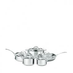 10-piece stainless steel cookware set. Heavy-gauge aluminum core with stainless steel exterior. Long handles stay cool while cooking. Dishwasher safe for easy cleanup. Oven and broiler safe. Manufacturer's full lifetime warranty. With a polished stainless steel exterior and satin-finished interior, the Calphalon Tri Ply Stainless Steel 10-Piece Cookware Set is designed with three layers for even, consistent heating. The heavy-gauge aluminum core is surrounded by a stainless steel exterior, providing the best in conduction. The long handles stay cool on the stovetop, and other features like dishwasher safe, over/broiler safe, and induction capable makes this collection a must-have. You'll get a 10-inch omelette pan with lid, 1.5-quart sauce pan with lid, 2.5-quart sauce pan with lid, three-quart saute pan with lid, and five-quart Dutch oven with lid. Includes manufacturer's lifetime warranty. About CalphalonCalphalon's mission is to be the culinary authority in kitchenwares, enhancing the home chef's food experience during planning, prep, cooking, baking, and serving. Based in Toledo, Ohio, Calphalon is a leading manufacturer of professional quality cookware, cutlery, bakeware, and kitchen accessories for the home chef. Calphalon is a Newell-Rubbermaid company. Calphalon's goal is to give you, the home chef, all the tools you need to realize your highest potential in the kitchen. From your holiday roasting pan to your everyday fry pan, count on Calphalon to be your culinary partner - day in and day out, for breakfast, lunch, and dinner for a lifetime.