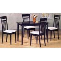Includes table and four side chairs. Casual style. Rectangular shaped table. Smooth table top. Chair with subtle curves. Attractive slat back design. Upholstered seating. Clean lines and sleek tapered legs. Rich cappuccino finish. Table: 48 in. L x 30 in. W. Chair: 20.5 in. W x 17 in. D x 39.5 in. H. Warranty Chic yet simple, this 5-Pc dining set will enhance your breakfast nook or dining room. Create an inviting and stylish dining atmosphere with the sophisticated charm of this dining table and chairs group.