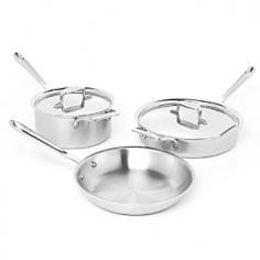 All-Clad D5 Brushed Stainless 5 Piece Set Meets All Your Cooking Needs The All-Clad d5 Brushed Stainless 5 Piece Cookware Set provides a solid foundation for anyone looking to begin cooking at home with top of the line cookware. The All-Clad d5 product line features a cutting-edge 5 layer construction; its most important layer being the patented stainless steel core promises to eliminate hot spots and provide 20% more even heating than traditional cookware. The core also helps stabilize the pans for superior warping protection. The pans each have long, sturdy stainless handles to keep hands cool while the lids provide an ultra-tight fit to lock in moisture and heat. Each piece of the set also possesses a curled lip for effortless pouring. This set is ideal for boiling, browning, frying, sauting, simmering or even creating tasty broths, soups or stocks. Lifetime warranty. Dishwasher safe. Made in the USA. All-Clad BD005705. All-Clad d5 Brushed Stainless 5 Piece Cookware Set Includes: 10-Inch Frying Pan 3-Quart Sauce Pan with Lid 3-Quart Saute Pan with Lid About All-CladFor more than 40 years, All-Clad has manufactured top of the line cookware products revered by both working chefs and avid home cooks. All-Clad pieces feature an innovative blend of aluminum, copper and steel and are made in the USA. This Pennsylvania based company regards the quality of its products with the utmost importance, going through rigorous hand inspection at every stage in the process of manufacturing. All-Clad also values environmentally friendly production, recycling materials whenever possiblethey even re-use the metal dust created during sanding. D5All-Clads d5 Stainless Cookware collection uses a patented five-ply system to maximize even heating distribution for the most efficient and enjoyable cooking experience possib