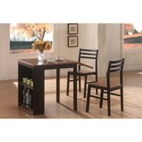 Whether you're trying to conserve space in an apartment or home this breakfast table is bound to do just that. The casual-styled dining set comes in a two-tone finish and fits nicely into the nooks of kitchens and dining rooms. Two shelves are built into the piece as well as a fold out table which adds extra space. Plus two matching side chairs are also included. You'll have one practical table on your hands with this breakfast table. Item and Dimensions Table Info: Two shelves are built into the piece as well as a fold out table Side Chair Info: Black wood frame with brown seat and half-ladder back. Material and Finish Finish and Paint Options: Solid ebony and brown tops. Style Elements Style: Contemporary. Composition and Warranty Description: Top Warm brown finished tops.