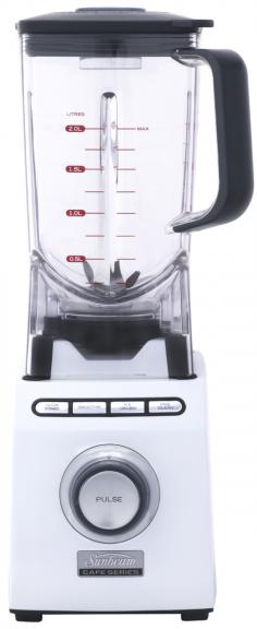 Sunbeam Cafe Series Blender - Precision Cut Stainless Steel Blades 5 Speed & Pre-programmed Settings Pulse. From the Sunbeam Cafe Series collection, this electric blender is designed to deliver the superior quality and style of a professional kitchen. This 2000W appliance features 5 speed settings plus pulse via the control dial, precision-sharp stainless steel blade system, pre-programmed blending functions and ultra durable 2-litre jug. It comes finished with a contemporary-chic die cast metal exterior in a trendy colour. Built to last and look beautiful on your kitchen counter top, invest in only the best for your smoothies, soup and more. Buy the Sunbeam Cafe Series Blender today and create authentic café-style food and beverages at home. Features Blender 5-speed control dial - select speed based on blending task or texture of ingredients Pulse control button on dial for one-touch instant blending Pre-programmed functions - Slow Start, Smoothie and Ice Crush Heat-treated stainless steel blades - a precision cut and superior hardness Blade tip can reach speeds in excess of 300km/h DURALITE blending jug with handle - ultra durable, heat/impact resistant and lightweight Jug is made from BPA free material Non-slip feet for stable bench top positioning Lid with 60mL inner removable measuring cup Comes with processing baton for safely pushing food into blades Pre Clean function for easy cleaning Cord wrap storage in base Die cast metal finish in stylish, eye-catching colour Instruction manual includes recipes to try Designed and engineered in Australia Jug Capacity: 2L Power: 2000W Base Dimensions: (W) 15.5cm x (D) 19cm x (H) 22cm Jug Dimensions (excluding handle/lid): (Diameter) 14cm x (H) 26cm Cord Length: 90cm Colour: White with black/silver-tone/clear Model: PB9800 Collection: Cafe Series Brand: Sunbeam This product comes with a 5-year motor guarantee and a 12-month replacement guarantee from Sunbeam Australia Package Contents 1 x Motor base with attached AC power cord 1 x Jug with blade system 1 x Lid 1 x Processing baton Instruction manual