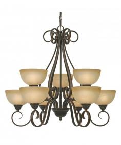 Bulbs not included. Traditional style. Requires nine 60 watt medium incandescent Type A bulbs. Sophisticated 8 in. wide linen swirl glass shade. Oval arm shape. Curved arms create organic flow. Brown wire gage. Nine E27 type sockets in porcelain white. Electric wire gage: SPT1 18# 105 degree C wire. Maximum wattage: 60. Total wattage: 540W. UL and CUL certified. UL listed for dry location. Made from metal and glass. Dark bronze color. Chain length: 6 ft. Wire length: 10 ft. Backplate extension: 1.75 in. Canopy back plate: 4.75 in. Dia. Glass: 8 in. Dia. x 4.25 in. H. Overall: 32.5 in. Dia. x 30 in. H (26.62 lbs.). Assembly Instructions. Warranty. A chandelier creates a stylish focal point. Graciously sized for taller dining, foyer and living areas.