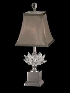 Shop for Lighting & Ceiling Fans at The Home Depot. The unique blending of mixed media in our Lucinda crystal accent lamp adds just the right finishing touch to any decor style. A flared shade in silver fabric sits atop a metal column. The star of the show is a generously sized, multifaceted crystal lotus blossom, which sits atop a flared metal base. The faceting in the flower petals is designed for maximum light refraction when the lamp is lit. A square base, sitting atop a beveled pedestal and faceted crystal orb finial completes the look. Lucindaâ&euro; s neutral coloring makes it the perfect accent lamp in any decor and adds an instant decoratorâ&euro; s touch to your home or office that you will be proud to display for many years to come.