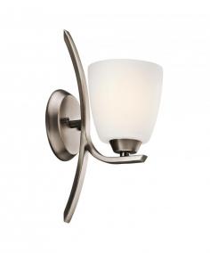Transitional style with gentle curves. Wall sconce extends 7.5 inches from wall. Brushed pewter finish with satin etched opal glass shade. Requires one 100-watt medium base bulb (not included). Overall dimensions: 5.25W x 14H inches. Kichler QualitySince 1938 Cleveland-based Kichler Lighting has been known for their innovative designs and excellent craftsmanship. Kichler is the world's leading decorative lighting fixture company and the winner of four ARTS Lighting Manufacturer of the Year awards. Kichler designers travel the world to discover the latest trends in exterior and interior style colors and designs. They then translate the best of those trends into fixtures that will bring beauty pleasure and light into your home. Kichler fixtures stand the test of time and are functional works of art that you're sure to treasure.
