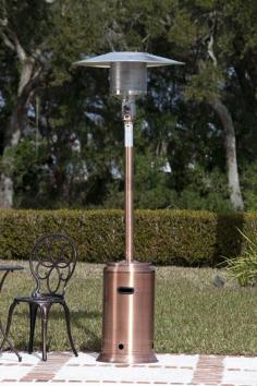 Easily keep chilly breezes at bay at your next outdoor party or event with this durable steel commercial patio heater, finished in a sleek shade of copper that will easily complement your deck or patio decor. The unit has an easy to use electric ignition system and operates using a standard LPG tank. 46,000 BTU's. Heat Range: up to 18 ft. diameter. Unique "Pilotless System" - Single stage ignition process. Piezo ignition. Durable stainless steel burners & double mantle heating grid. Uses standard 20 lb LPG BBQ tank - NOT INCLUDED. Safety auto shut off tilt valve. Wide base for stability. Wheel assembly included. Patented Aluminum reflector hood. Warranty: 1 Year Limited. Some assembly required. 18 in. Base x 33 in. Hood 5 Pc. x 89 in. H (43 lbs.). Our Copper Commercial Patio Heater is the most powerful patio heater on the market, with an output of an amazing 46,000 BTU's. This heavy duty unit features an electronic ignition system and wheels for easy mobility. The stylish copper finish perfectly accents and enhances your patio decor. This superior patio heater is perfect for the serious outdoor entertainer.