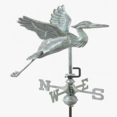 Heading away from his marsh pond nest this Great Blue Heron is ready to alight over your deck garden or yard. Our Good Directions' artisans use Old World techniques to handcraft this fully functional garden weathervane that's unsurpassed in style quality and durability. A great gift for wildlife enthusiasts! Expertly handcrafted by Good Directions artisans using Old World techniques. Blue verde copper provides an attractive patina. Includes easy-to-assemble all-weather garden pole solid brass directionals and copper spacer balls. Makes a great gift for wildlife enthusiasts. Measures 16" L x 18" H x 16" wingspan - ideal for any deck garden or yard.