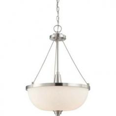 Nuvo Lighting 60/4187 Helium Three Light Pendant with Satin White Glass, in Brushed Nickel Finish This collection's lighter than air appearance creates the illusion that Helium's glass shades are floating above the fixture's frame. Strong, yet open and airy, Helium is the right match for many contemporary home designs. This collection is offered in Vintage Bronze with Cream Beige glass shades and Brushed Nickel with Satin White glass shades. Nuvo Lighting 60/4187 Features: Finished in Brushed Nickel Requires (3) 60 Watt Medium Base Incandescent Bulbs (Not Included) Satin White Glass Shade Includes 48" of Chain, and 12' of Wire Additional Chain Available - Part #25-1069 Light Direction: Up / Down - Light from this fixture illuminates both upward and downward Nuvo Lighting 60/4187 Specifications: Product Dimensions: 24"H x 17"W UL Listed for Dry Locations 120 Volts 180 Total Watts 1.5 Amps Nuvo Lighting's Commitment to Quality: Threaded Sockets- All fixtures with fitted glass shades feature threaded ceramic sockets with fitters. Thumb screws are never used, which allows for a more refined look. Reinforcement- Vanity fixtures with arms on elongated backplates have steel reinforcement bars to prevent flexing Diffusers- All pendant fixtures with an open top are supplied with a glass diffuser, which helps alleviate 'hot spotting' and evenly distributes light Chain and Wire- Hanging fixtures are provided with 12 feet of wire and 4 feet of chain. Oversized chandeliers include 6 feet of chain CUL Damp Location Listing- All flush mount dome fixtures are CUL Damp location listed, which allows more flexibility in installation. Founded in 1966, Satco is a well-known premier supplier of lighting products. With the company's keen understanding of the lighting industry, and after three years of development, Satco launched Nuvo Lighting on June 23, 2005. Nuvo Lighting is uniquely poised to become an industry leader, with the sales and distribution resources of Satco Products, combined with the finely-conceived and well-crafted products that deliver style, value and quality.