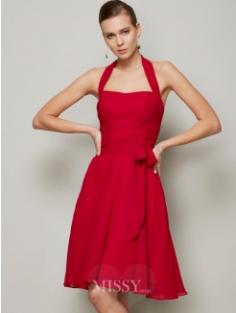 A-Line Halter Knee-length Chiffon Red Debs Dress With Sash