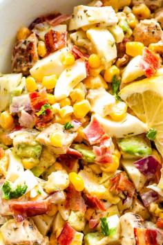 Avocado Chicken Egg Salad - Egg Salad with avocados, chicken, corn, bacon, and a creamy lemon dill dressing! Delicious just served on its ow...