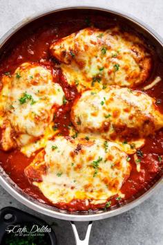 Easy Mozzarella Chicken is a low carb dream! Seasoned chicken simmered in a homemade tomato sauce, topped with melted mozzarella cheese! 