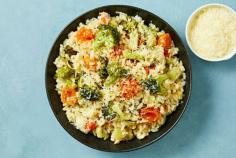 Cherry Tomato Risotto with Broccoli and Grated Parmesan